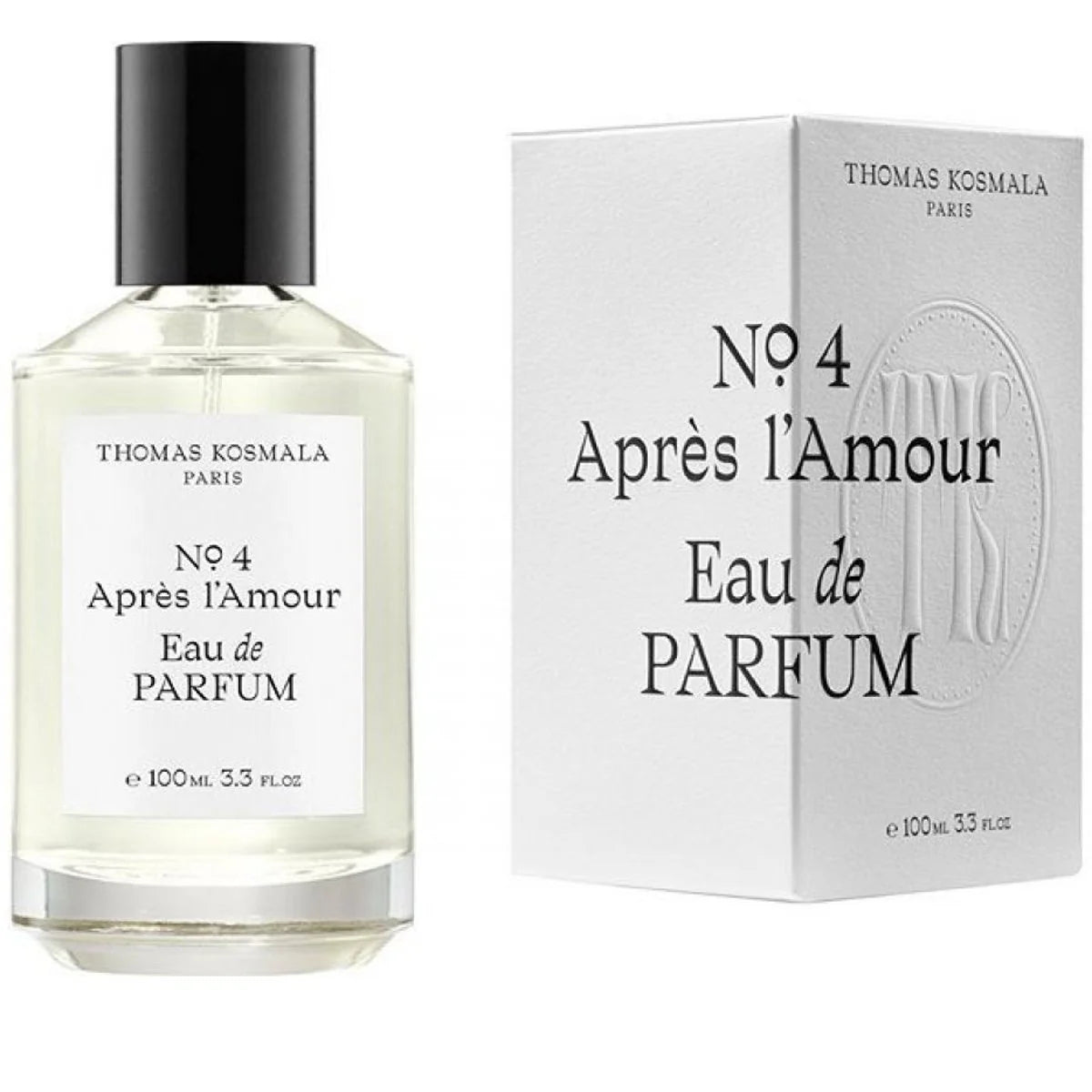 Thomas Komaça Paris No. 4 Àprès de l'Amour Eau de Parfum bottle next to its white packaging box.