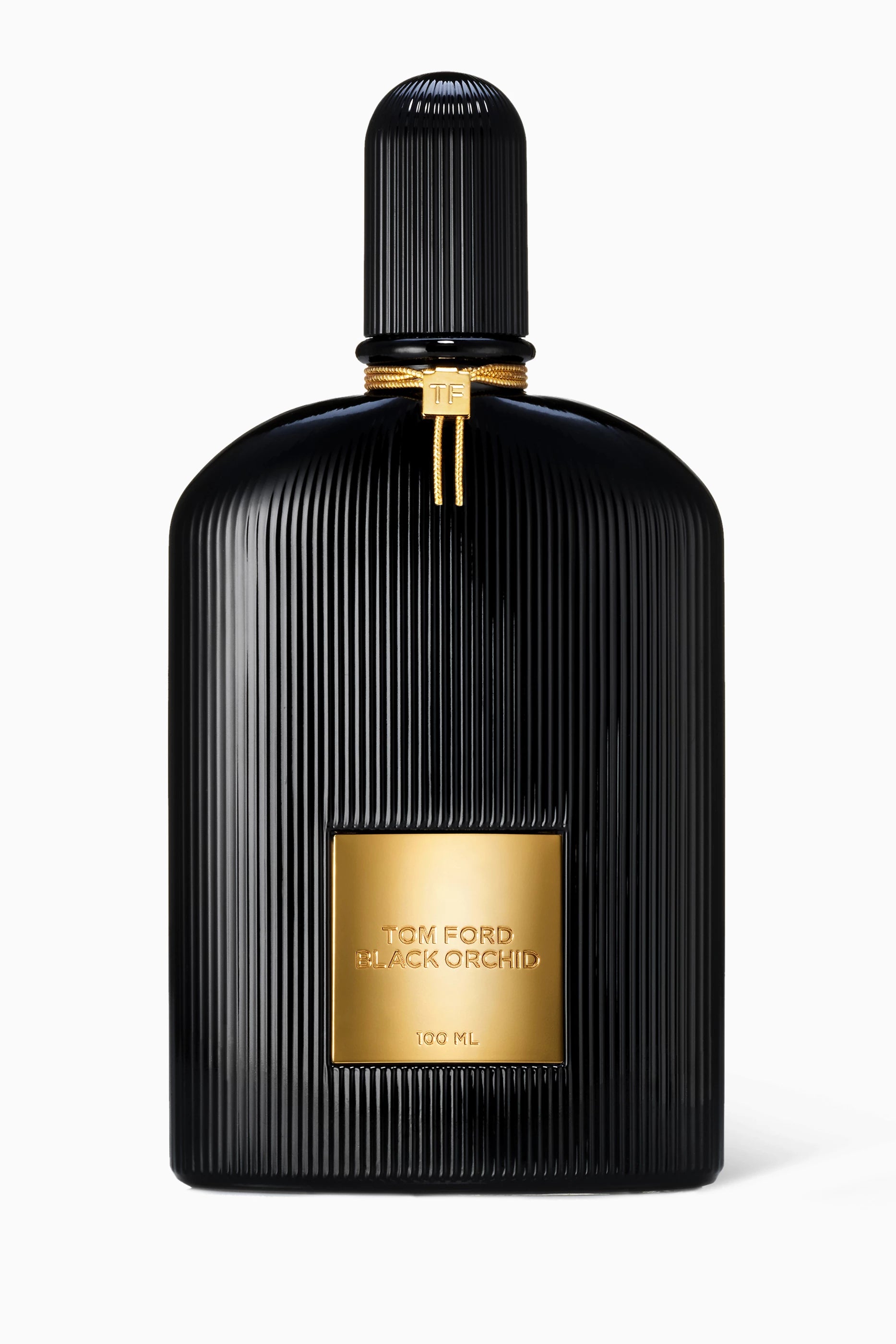 Black and gold Tom Ford Black Orchid perfume bottle on a white background