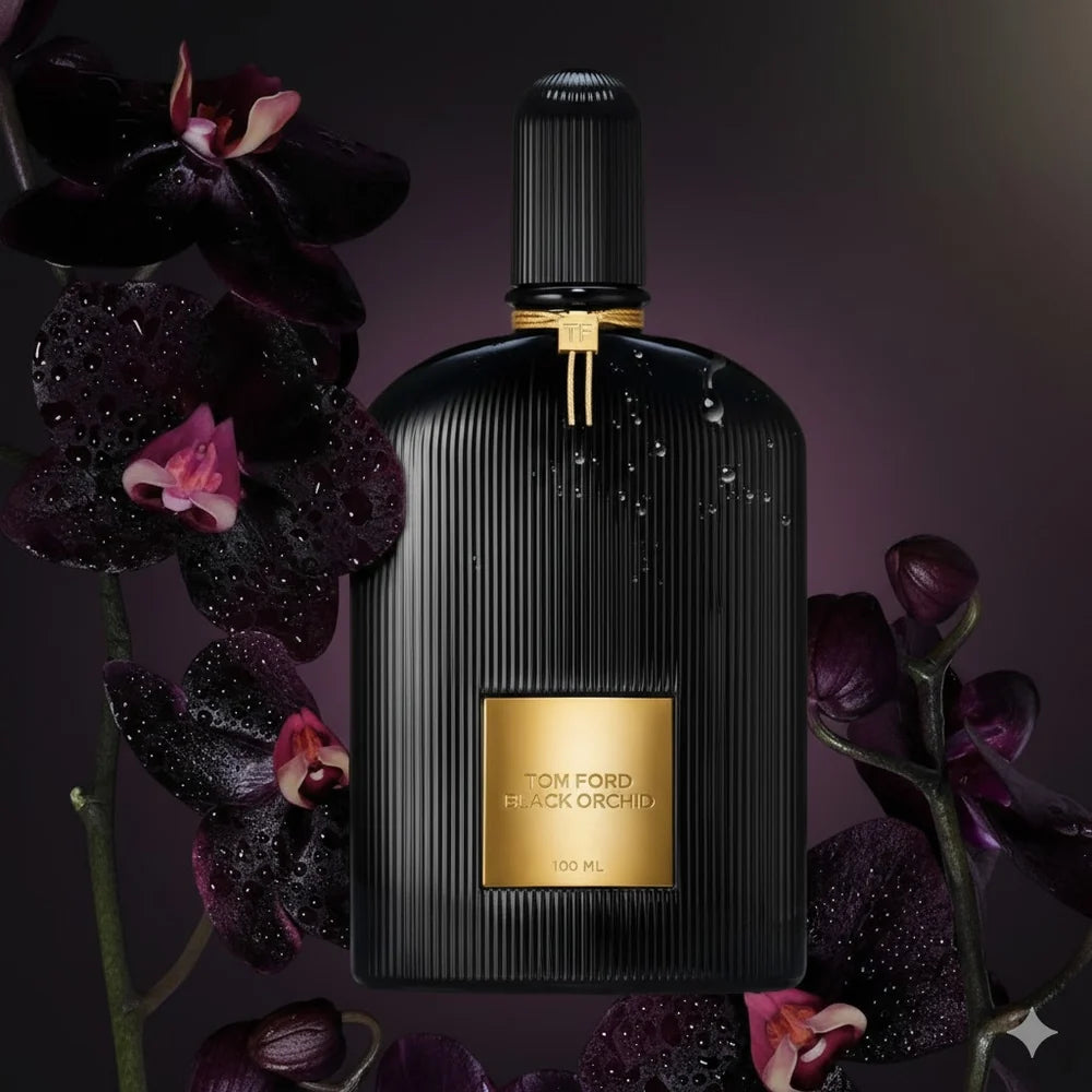 Black Tom Ford perfume bottle with gold label against a dark background with purple flowers.