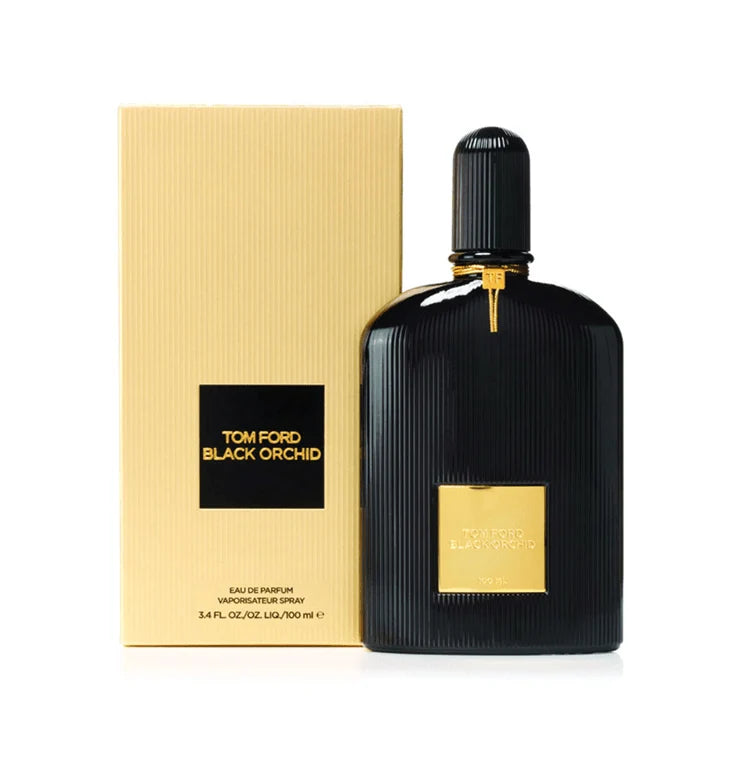 Tom Ford Black Orchid Eau de Parfum bottle in black with gold accents, standing next to its textured gold packaging box on a white background.