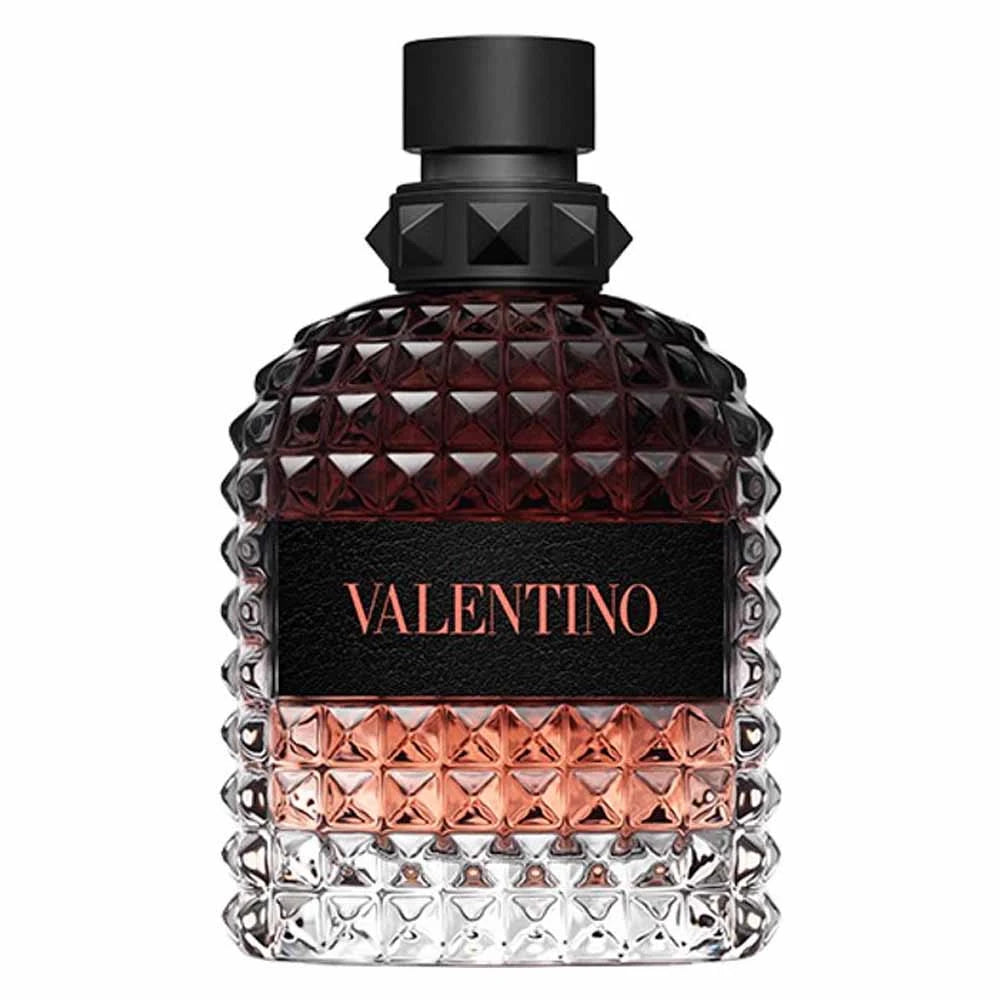 Valentino perfume bottle with black cap and geometric design on a white background