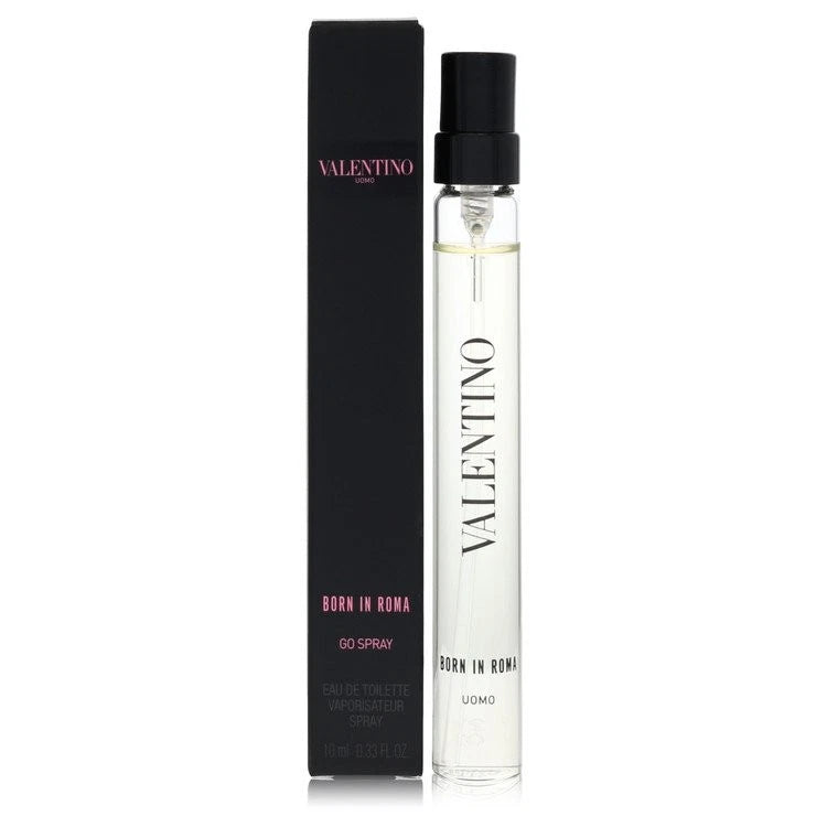 Valentino Born in Roma Go Spray Eau de Toilette bottle next to its black packaging box, featuring a clear glass bottle with a black spray cap and white lettering, on a white background.