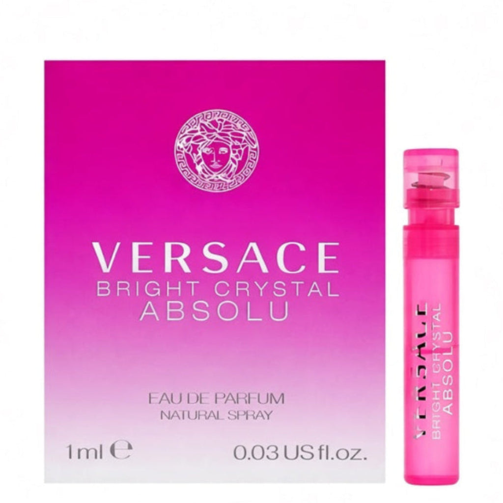 Versace Bright Crystal Absolu Eau de Parfum 10ml sample vial next to its pink gradient packaging box on a white background.