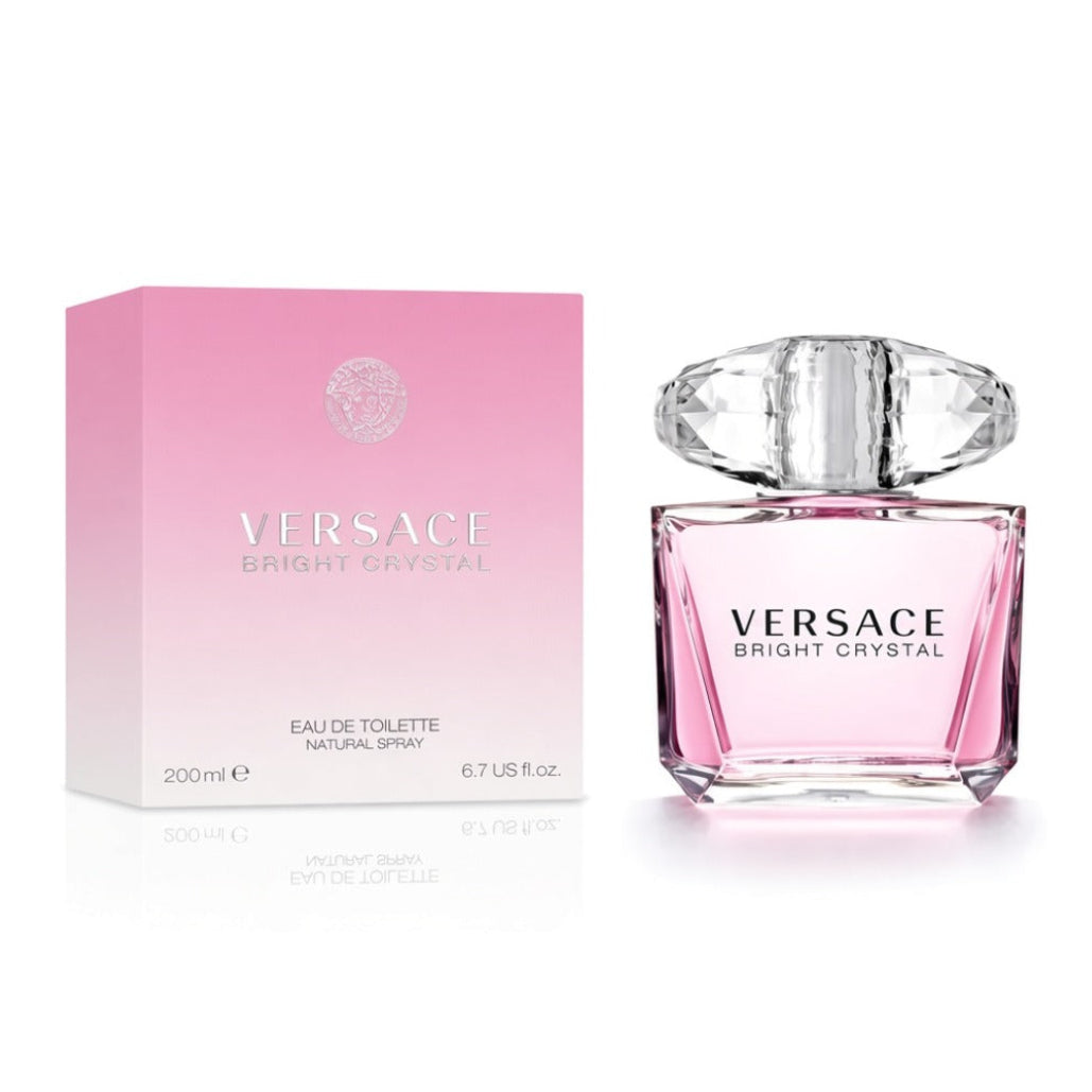 Versace Bright Crystal Eau de Toilette perfume bottle and its pink gradient packaging box on a white background.