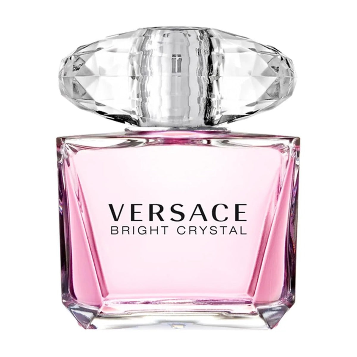 Versace Bright Crystal perfume bottle with a faceted clear cap and pink liquid inside a clear glass bottle, on a white background.