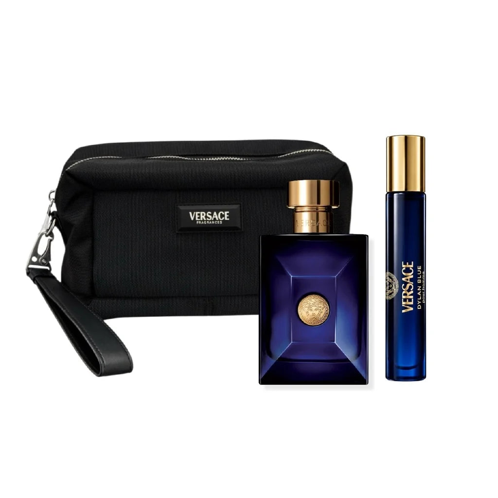 Versace Dylan Blue Eau de Toilette set with 100ml and 10ml in the iconic deep blue geometric bottle with gold Medusa seal and Versace black trousse