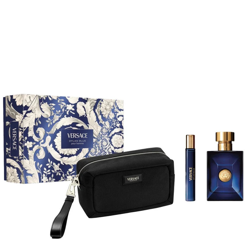 Versace Dylan Blue Eau de Toilette set with 100ml and 10ml in the iconic deep blue geometric bottle with gold Medusa seal and Versace black trousse