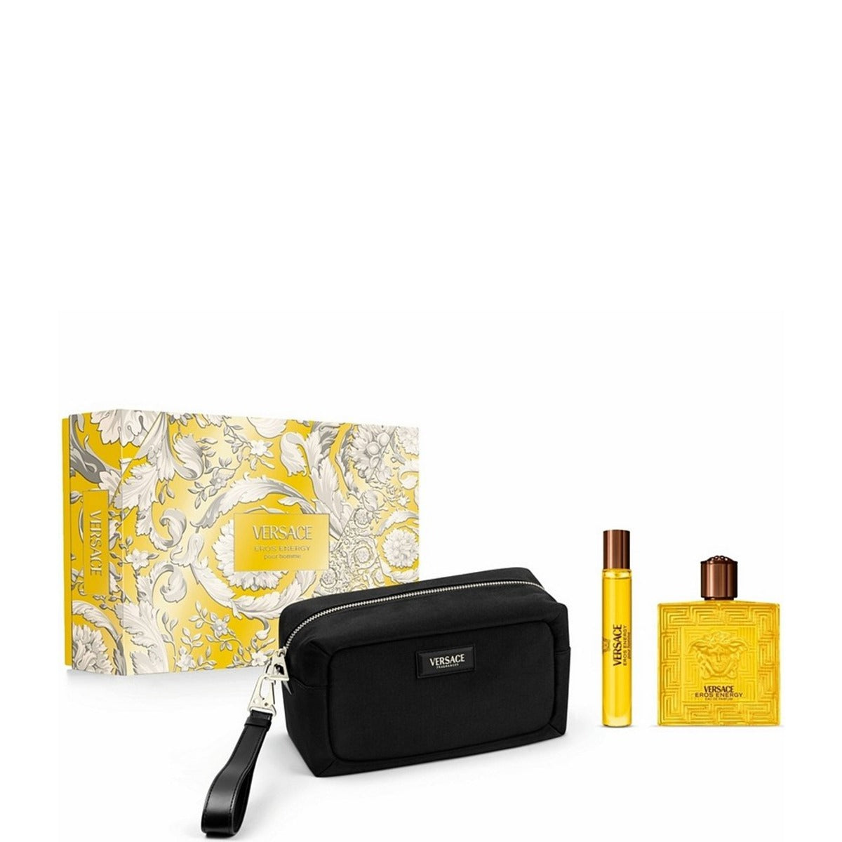 Versace Eros Energy Eau de Parfum set with 100ml and 10ml in the vivid yellow Medusa bottle with gold Greca detailing and Versace black trousse