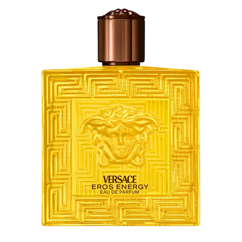 Versace Eros Energy perfume bottle with yellow design and bronze cap on a light gray background