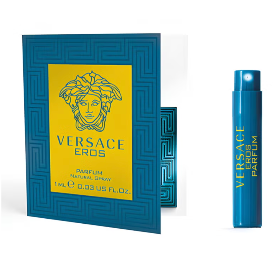 Versace Eros Parfum 10ml travel spray bottle shown next to its blue and yellow outer packaging box on a white background.