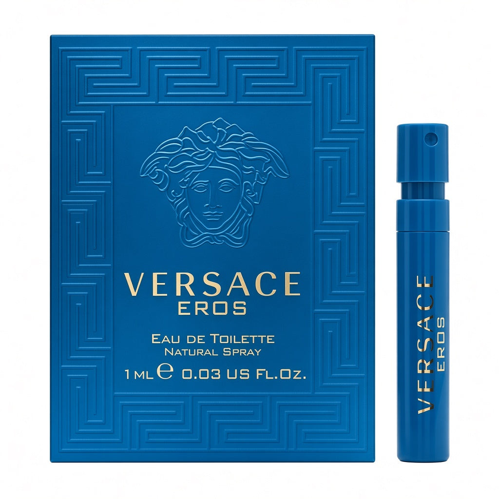 Versace Eros Eau de Toilette natural spray 1ml sample vial next to its blue packaging box, featuring the iconic Medusa head logo and gold lettering on a white background.