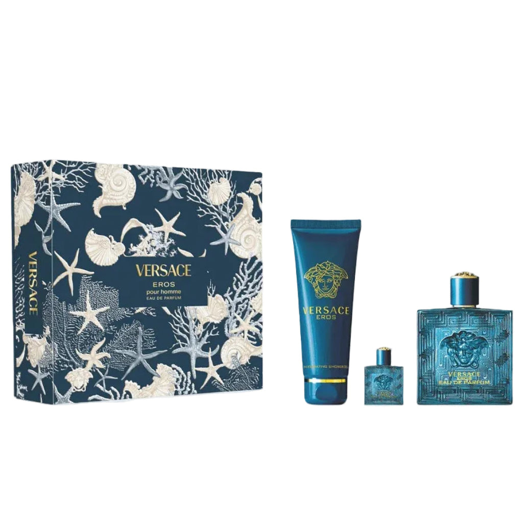 Versace Eros Pour Homme Parfum set with 100ml bottle, 50ml shower gel and 5ml travel spray in signature blue Greek key glass