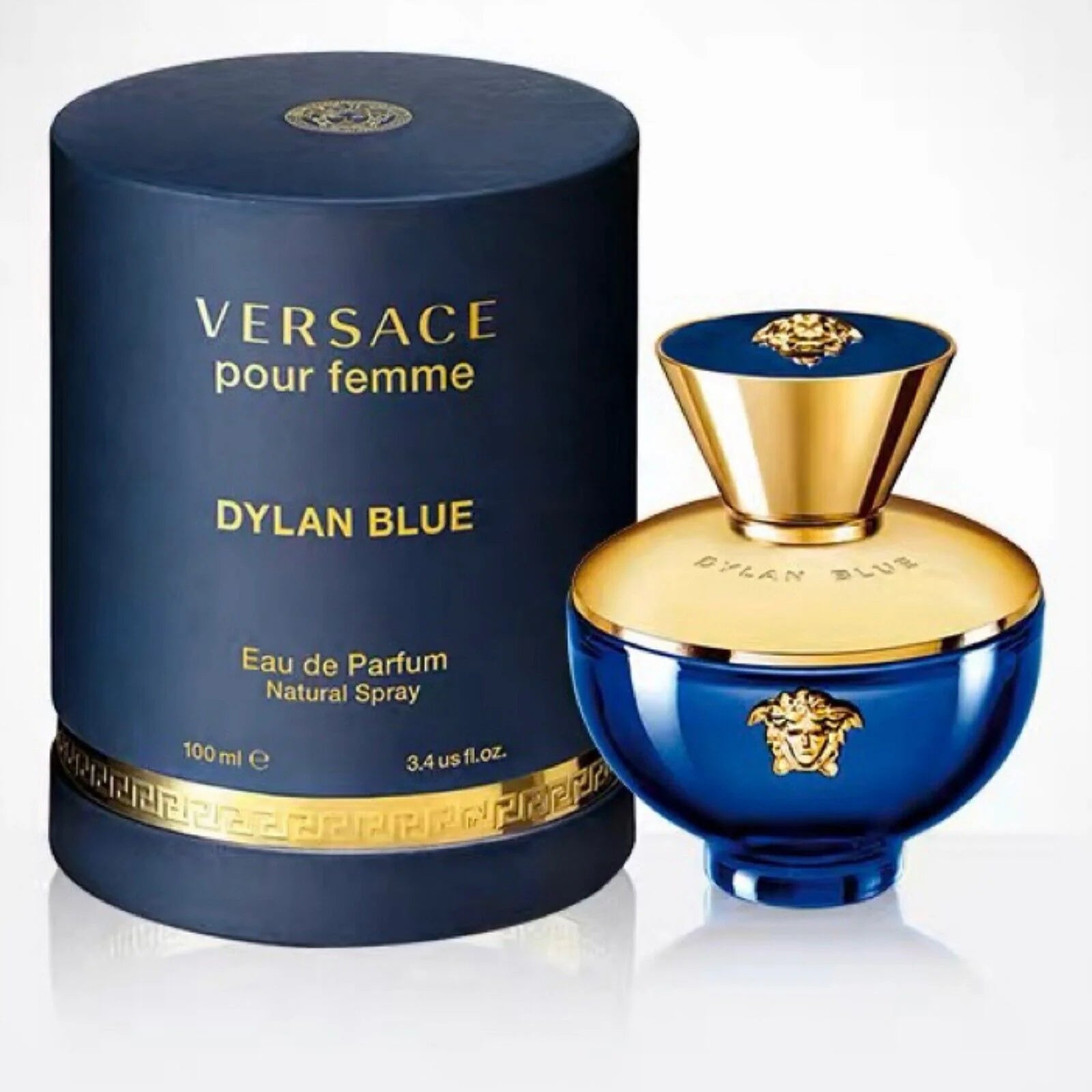 Versace Dylan Blue perfume bottle and packaging on a white background