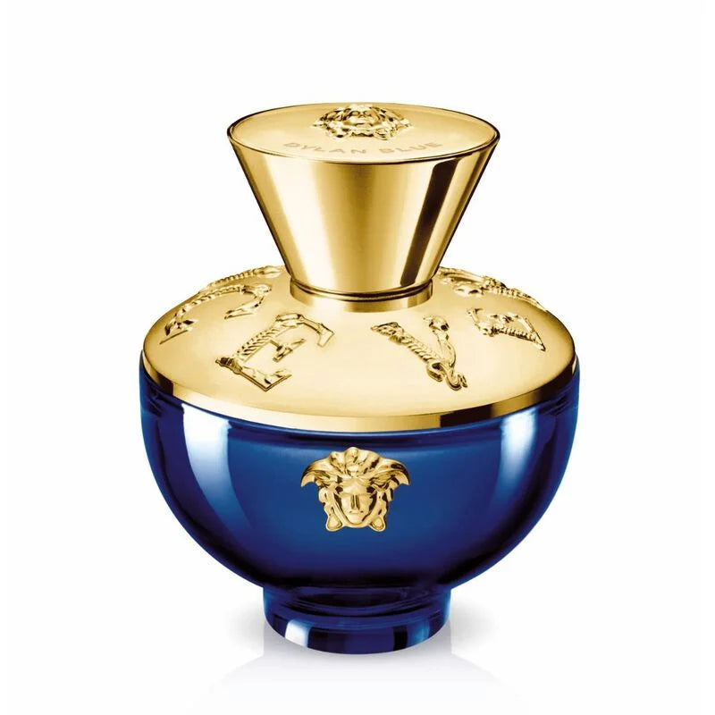 Versace Pour Femme Dylan Blue Eau de Parfum 100ml bottle in blue and gold packaging