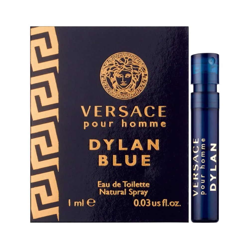 Versace pour homme Dylan Blue Eau de Toilette 1ml sample size shown next to its dark blue and gold packaging box on a plain white background.