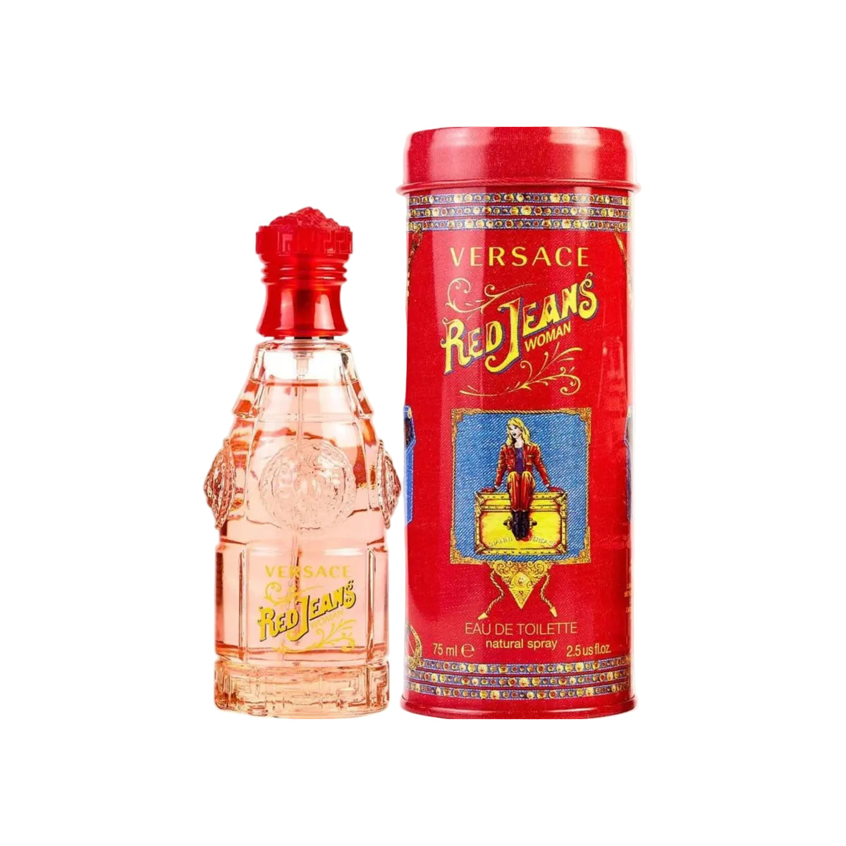 Versace Red Jeans perfume bottle and packaging on a white background