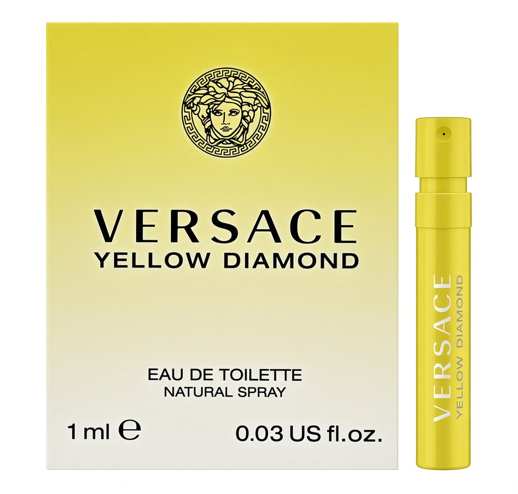 Versace Yellow Diamond Eau de Toilette natural spray 1 ml sample vial next to its yellow gradient packaging box, featuring the iconic Medusa head logo.