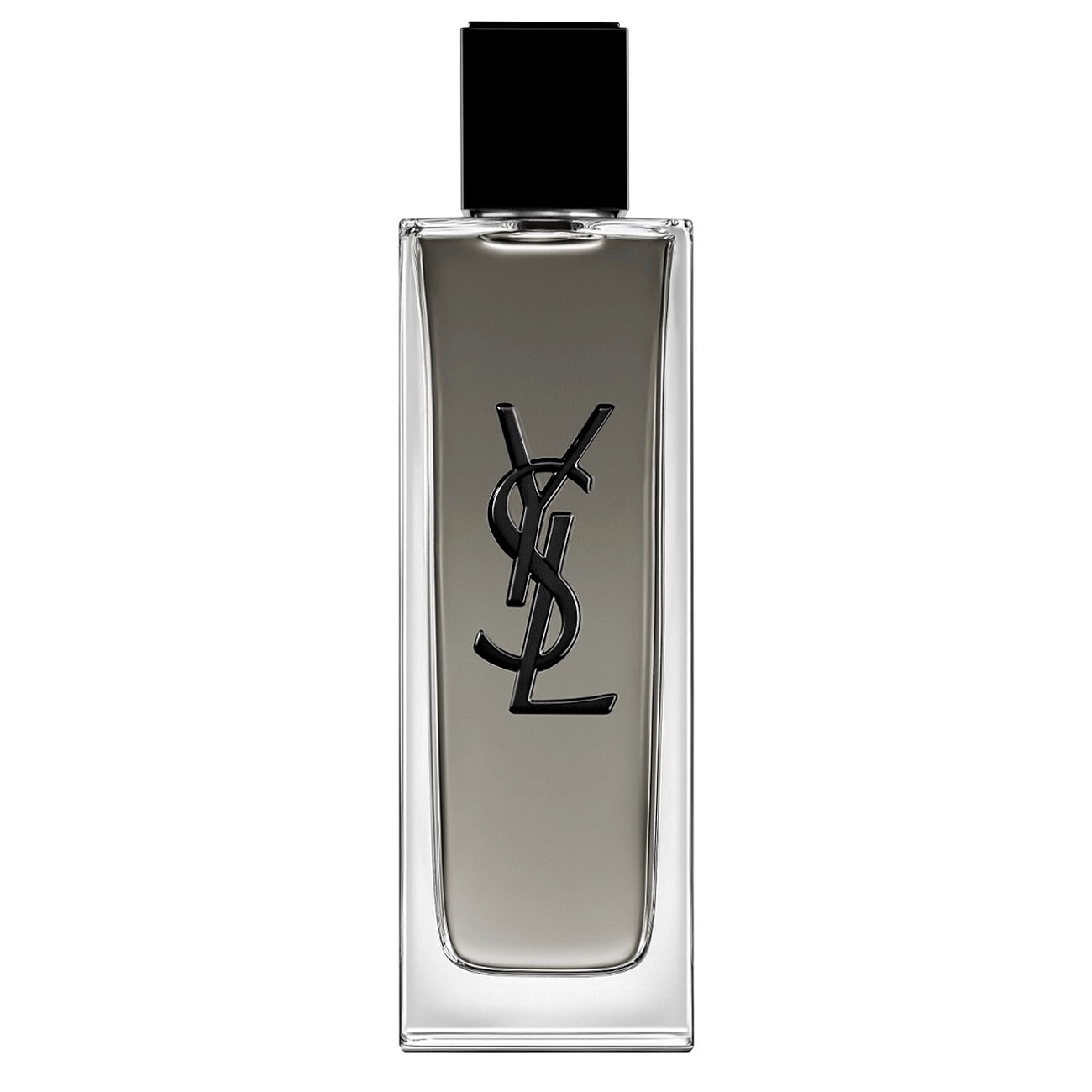 YSL Libre Eau de Toilette bottle with a black cap and black YSL logo on a clear glass bottle containing a gray liquid, set against a plain white background.