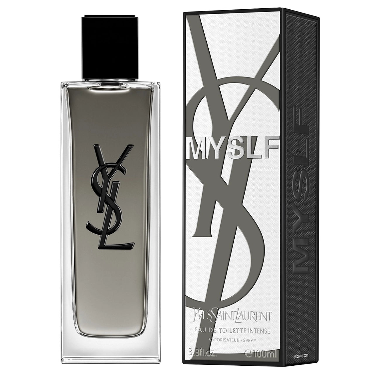 YSL Myslf Eau de Toilette Intense perfume bottle next to its packaging box, featuring a clear glass bottle with dark gray liquid and a black cap, alongside a white and black box with a large YSL logo.