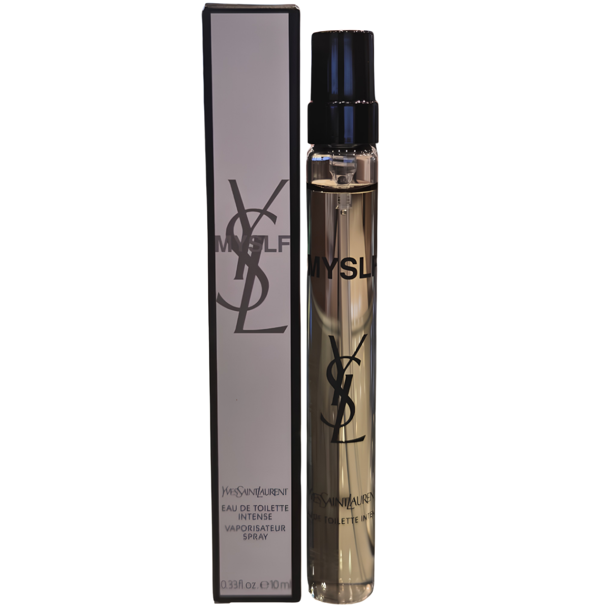 YSL Eau de Toilette Intense spray bottle and its matching black and silver packaging box, featuring the iconic YSL monogram logo.